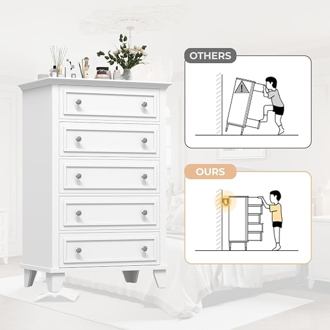GAOMON White 5 Drawer Dresser for Bedroom, 48" Tall Wood Dresser & Chests of Drawers with Deep Drawers, Modern Chest Organizer with Metal Handles for Living Room, Hallway, Entryway - Image 6