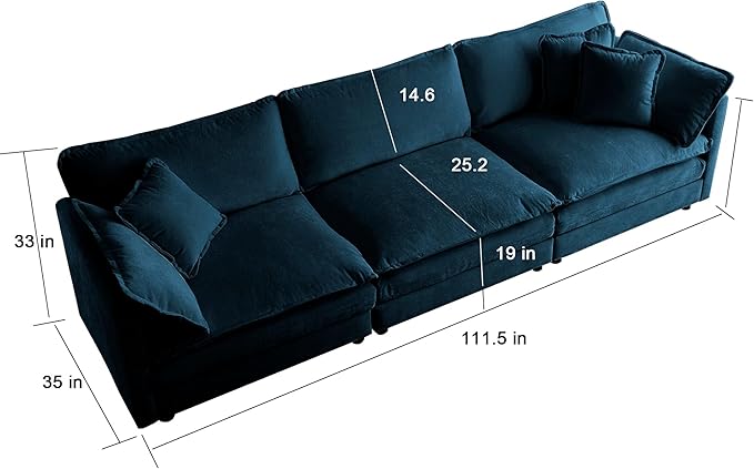 KEIKI Combination Sofa, Upholstered 3 Seater Couch, Oversized Sectional Sofa with Reversible Ottoman for Living Room Bedroom Office, Blue