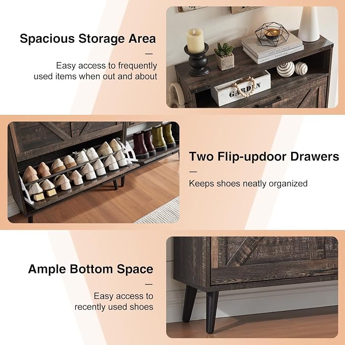 Barnyatoh Shoe Storage Cabinet,Farmhouse Shoe Organizer with 2 Flip Drawers & Barn Door Design,Freestanding Hidden Slim Narrow Shoe Rack Cabinet with Open Storage for Entryway, Foyer,Hallway, Dark oak - Image 5