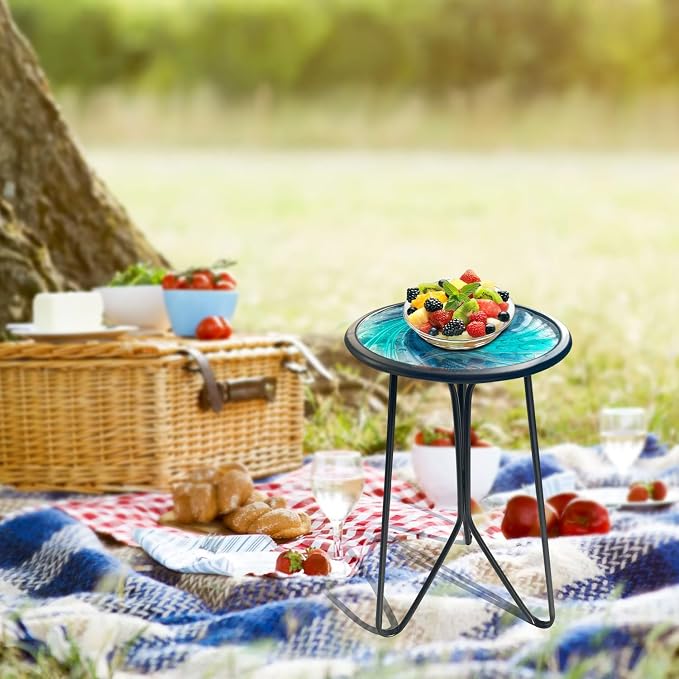 LIFFY Patio Side Table, Small Round End Table, Metal Side Table Outdoor, Small Porch Table for Indoor Balcony Furniture Decor (Blue Glass 12inch) - Image 7