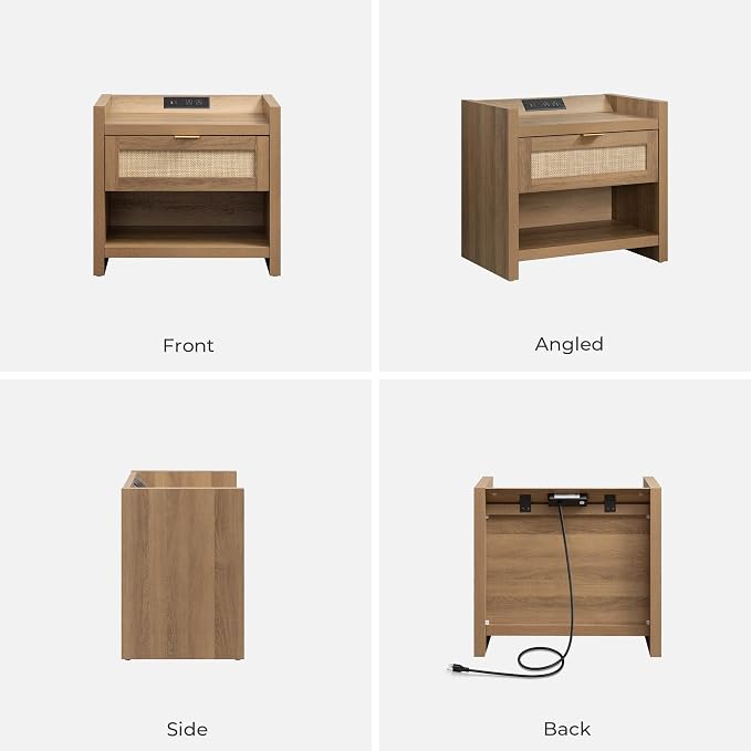 SICOTAS Night Stand Set of 2 Nightstands - Rattan Bed Side Table with Drawer Storage,Type-C Charging Station End Table - Boho Bedside Night Stands for Bedroom - Natural Oak - Image 9