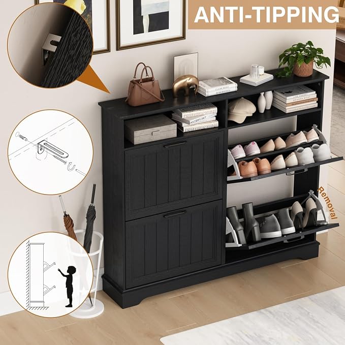 Shoe Storage Cabinet with 4 Flip Drawers, Farmhouse Modern Hidden Shoes Rack Cabinet with Adjustable Shelves & Open Storage, Narrow Slim Shoe Organizer for Front Door Entrance, Entryway, Hallway,Black - Image 5