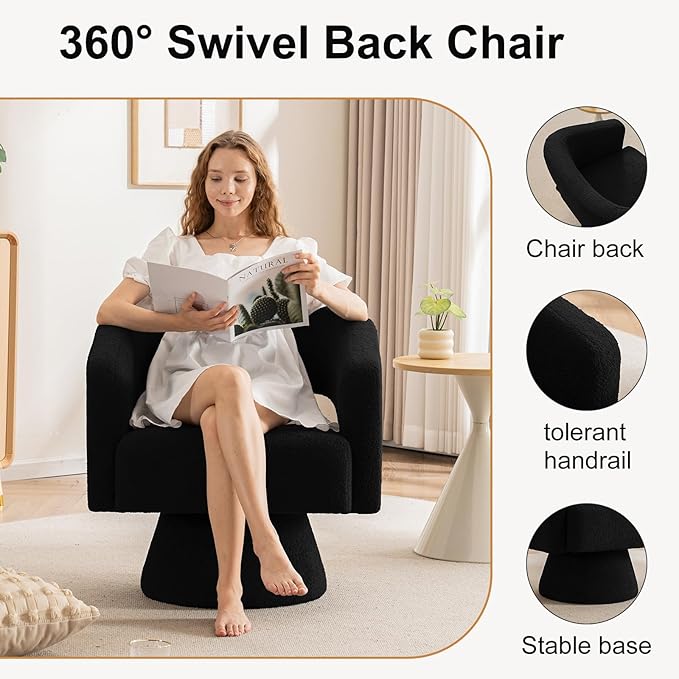 ClinQ Swivel Barrel Accent Chair, Oversized Teddy Upholstered Round Swivel Chairs Set of 1, Modern Luxury 360° Living Room Vanity Chair for Bedroom Office&Living Room, Black
