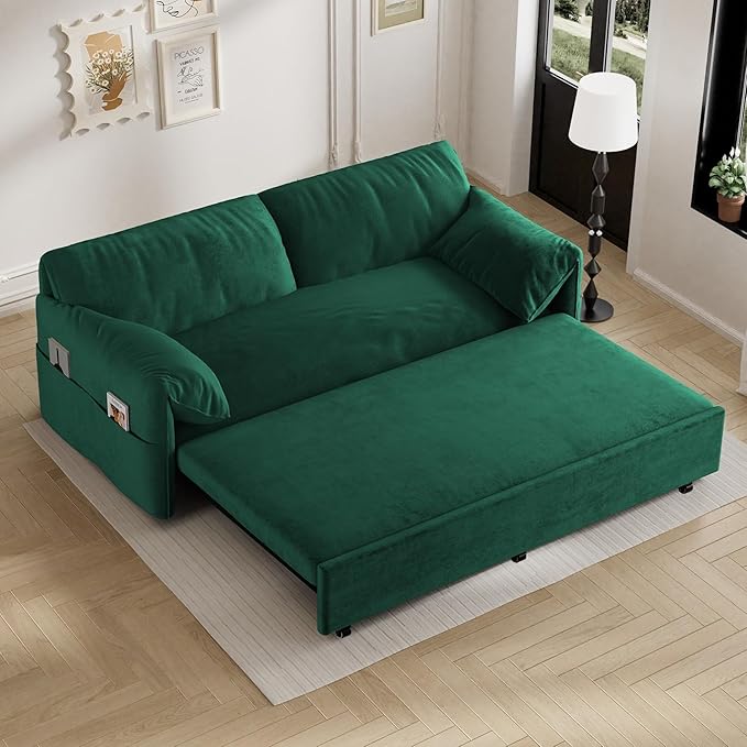 Ball & Cast 63.8" Pull Out Sofa Bed, 3-in-1 Convertible Sleeper Sofa with Side Storage Pockets,Multi-Functional Velvet Loveseat Bed for Living Room,Bedroom,Apartment,Office,Green