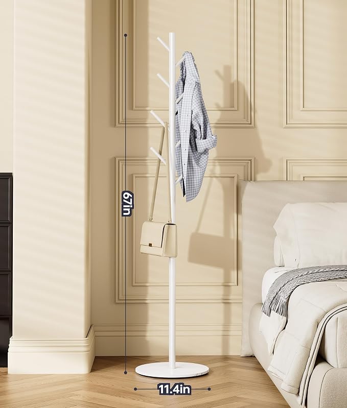 Coat Rack with 8 Hooks, 3 Adjustable Heights, Modern Hall Tree, Sturdy Metal Clothes Stand with Sintered Stone Base for Entryway, Office, Bedroom, for Coats, Hats, Handbags and Scarves, White - Image 2