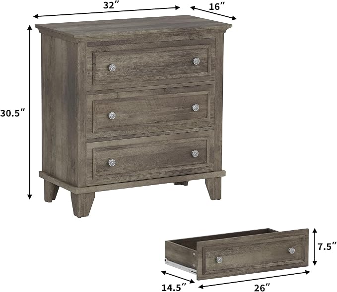 GAOMON 3 Drawer Dresser for Bedroom, Grey Wood Chest of Drawers Bedroom Dresser, Rustic Small Drawers Dressers Nightstand Wooden Closet Storage Cabinet for Living Room - Image 2
