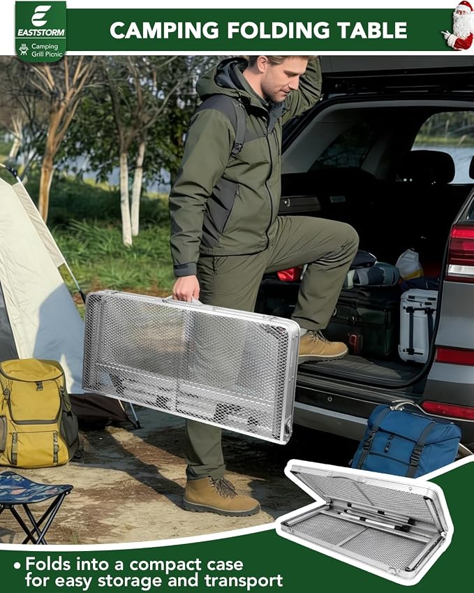 Square Folding Card Table with Adjustable Height (12" & 26"), Silver Portable Metal Mesh Table for Camping, BBQ, Picnic, Game, Patio & Indoor Use, Fits 2–4 People, Lightweight 7.6 lb, Supports 66 lb - Image 6
