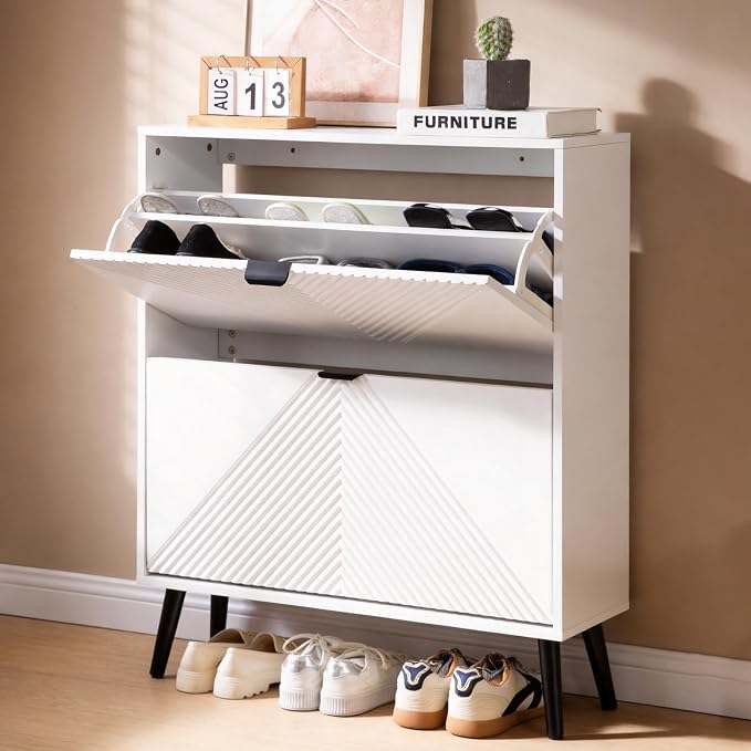 oakvivo Shoe Cabinet Storage, Farmhouse Freestanding Organizer with 2 Flip Drawers and 4 Wooden feet, Narrow Shoe Rack Cabinet for Entryway, Foyer, Hallway, White - Image 3