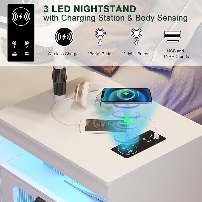 HNEBC LED Nightstand Set of 2 with Charging Station & Adjustable Overbed Desk, 3 Color LED Lights & Body Sensor, Mobile Bedside Table with Wheels, 2 Drawers & Open Shelf for Bedroom(White) - Image 5