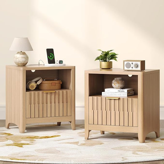Fluted Nightstand Set of 2 with Charging Station, Modern Bedside Table with Storage Drawer, Open Shelf & Curved Corner, Night Stand End Side Table for Bedroom, Natural Oak by Unknown