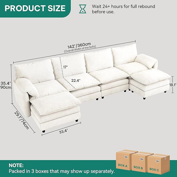 DWVO 142" Modular Sectional Sofa, Modern U Shaped Couch with Movable Ottoman, Pillow-Armrest, Velvet 6 Deep Seat Cloud Couch for Living Room, Beige