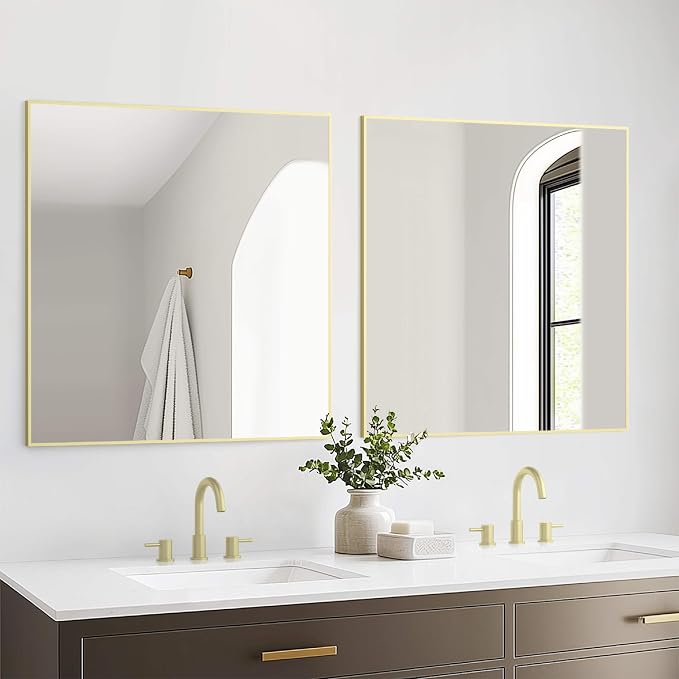 KIBI 36" x 36" Shatterproof Wall Mount Metal Frame Mirror – Horizontal or Vertical Hanging, Modern Rectangular Vanity Mirror for Bathroom, Entryway, or Living Room (Brushed Gold, FM1-3636BG) - Image 3