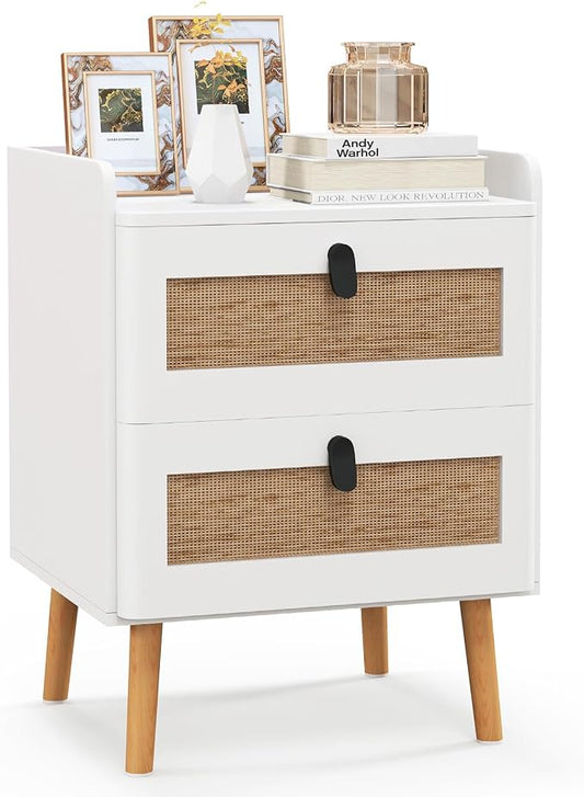 Giantex Rattan Nightstand with 2 Drawers, Boho End Table with 4 Solid Wood Legs, Mid-Century Modern Bedside Table with Storage, Wooden Night Stand for Small Spaces Bedroom, White by Giantex