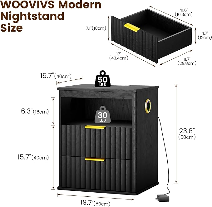 WOOVIVS Modern NightStand with Smart Human Sensor Lights, Bluetooth Music and 2 Large Storage Drawers, Bedside Table for Bedroom, Fluted Design, 23.6" H (Black) - Image 2