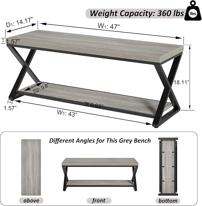 IBF Industrial Wood Entryway Bench, Indoor Farmhouse Hallway Accent Entry Bench for Seating Sitting with Storage, Metal Shoe Rack Grey Bench Organizer in Foyer Bedroom, Light Grey Oak, 47 Inch Long - Image 2