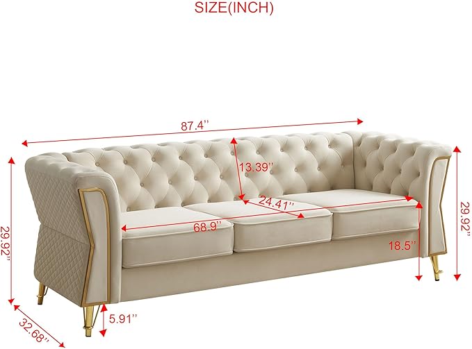 KEIKI 87" Chesterfield Velvet Button Tufted Sofa with High Density Foam Cushions, Modern Style 3-Seater Couch with Gold Strip Trim Decoration, Easy Assembly, for Apartment, Living Room, Office, Beige