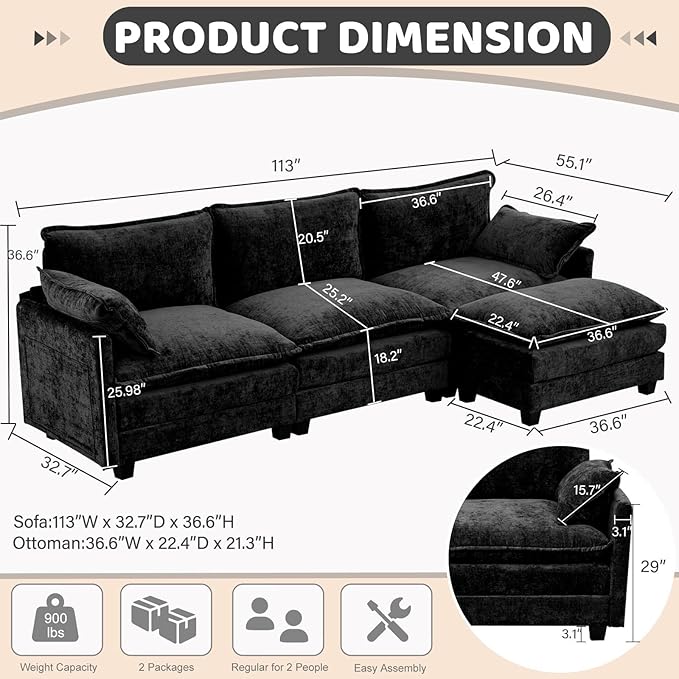 Modular Sectional Cloud Couch, 113" L Shaped Sectional Comfy Couchs for Living Room, 3 Seat Convertible Modular Sofa Couch with Ottomans for Living Room, Apartment, Black