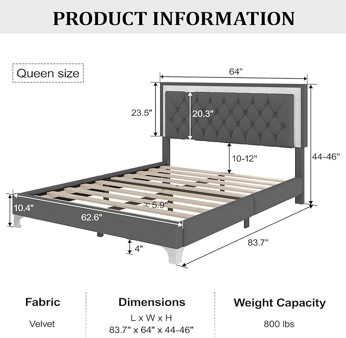 Flieks Bedroom Sets, 3-Pieces Bedroom Sets, Queen Size Upholstered Platform Bed with LED Lights and 2 Nightstands, Gray