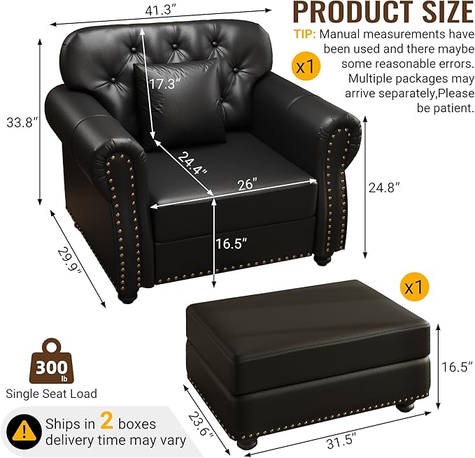 KEIKI 41" Faux Leather Chesterfield Sofa with Rolled Arms & Nailhead Trim & 1 Ottoman, 1-Seater Button Tufted Couch with High Resilience Cushion & 1 Pillow, Easy Assembly, for Living Room, Black