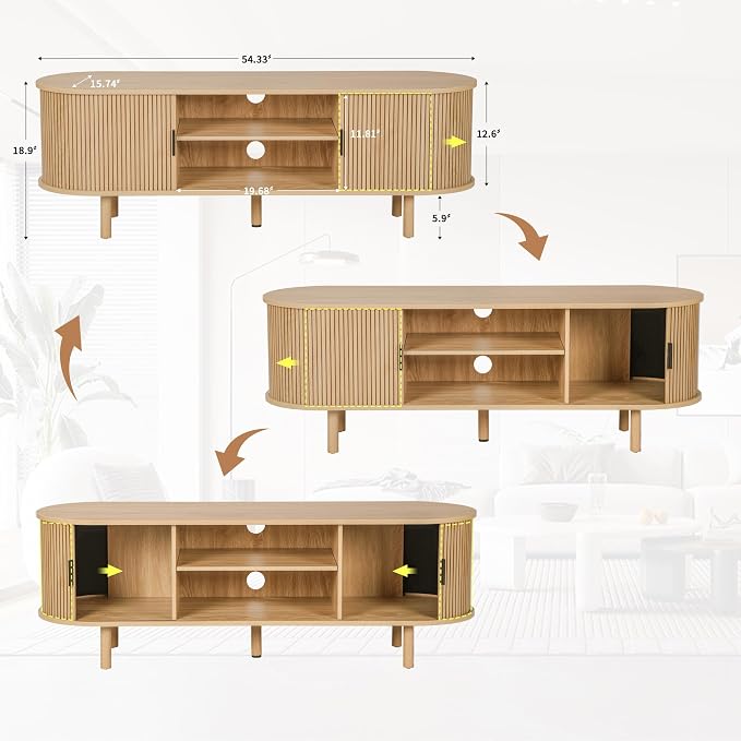 FurSch 54" Tambour Door TV Stand,Wood Mid Century Modern TV Cabinet for Up to 65“ TV,Curved Edge Long TV Stand with Storage for Bedroom Living Room(Natural, 54inch) - Image 3