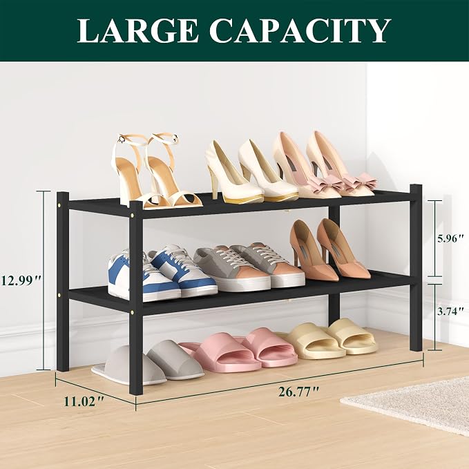Smiry Bamboo Shoe Rack, 2 Tier Shoe Organizer for Entryway & Closet, Stackable Free Standing Storage Shelf for Shoes, Bags & Plants, Black - Image 2