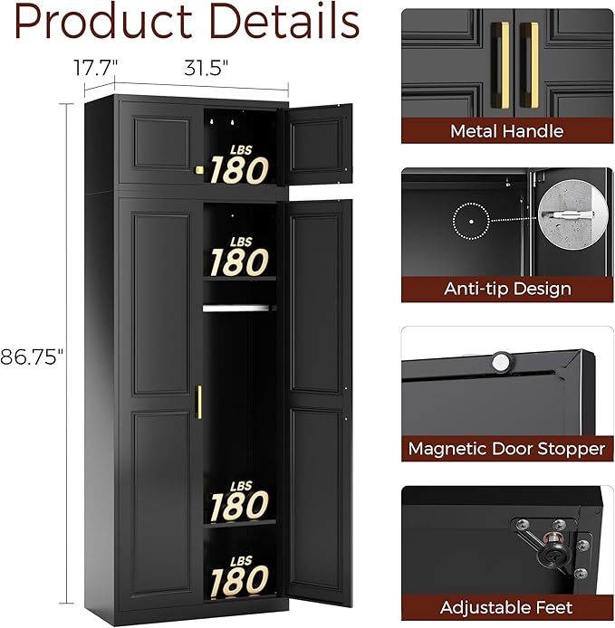 Metal Armoire Wardrobe Closet with Doors, 86" Tall Wardrobe Cabinet, Black Clothing Storage Cabinets with Adjustable Shelves for Bedroom, Home Office