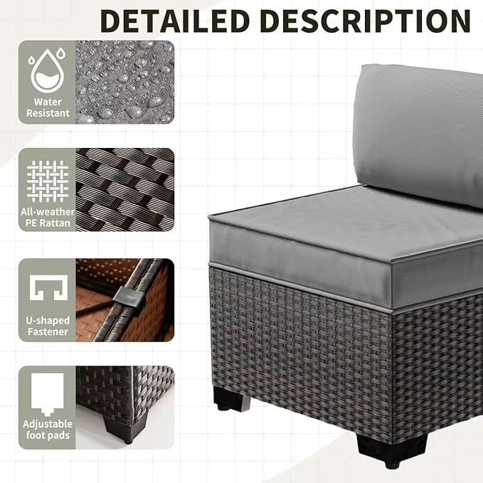 Gotland 6 Pieces Patio Furniture Set with 1 Coffee Table, 5 Seater Rattan Outdoor Sectional with Wide Armrests 29.5'' High Backrest Thick Waterproof Cushions, Conversation Sets for Deck Garden Gray