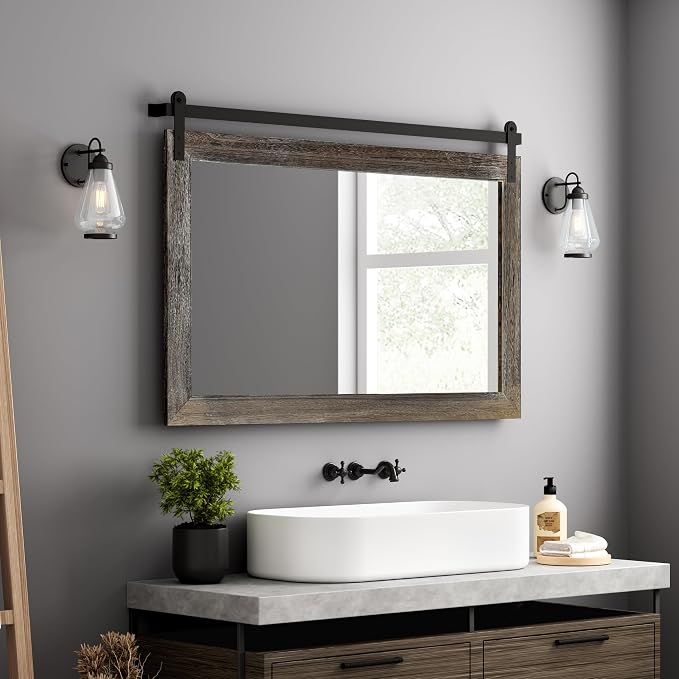 COGOOD Farmhouse Barn Door Mirror - 41" x 26" Rustic Wood Framed Wall Mirror for Bathroom, Living Room, Entryway Wall Decor (Speckled White) by COGOOD