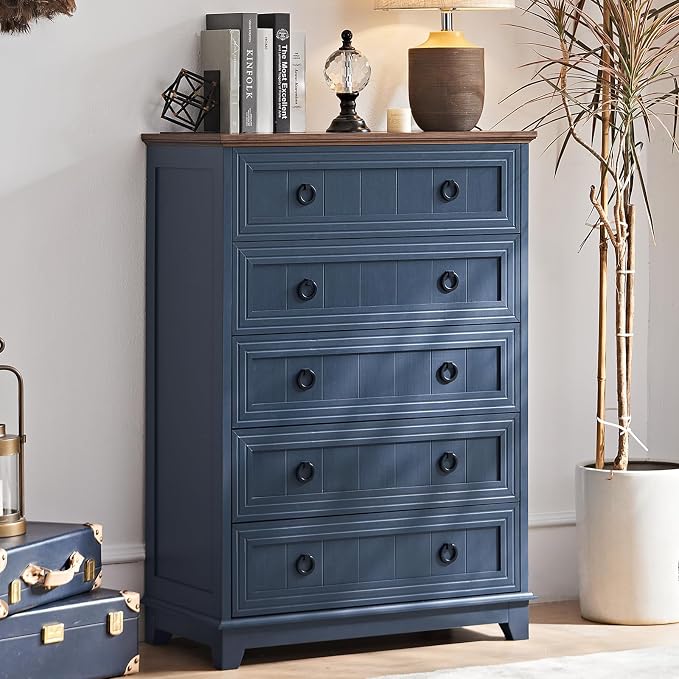 Joaxswe Farmhouse 5 Drawer Dresser for Bedroom, 42" Tall Small Dressers & Chest of Drawers, Rustic Wood Dresser with Metal Handle, Storage Organizer Closet for Living Room, Hallway, Entryway by Joaxswe