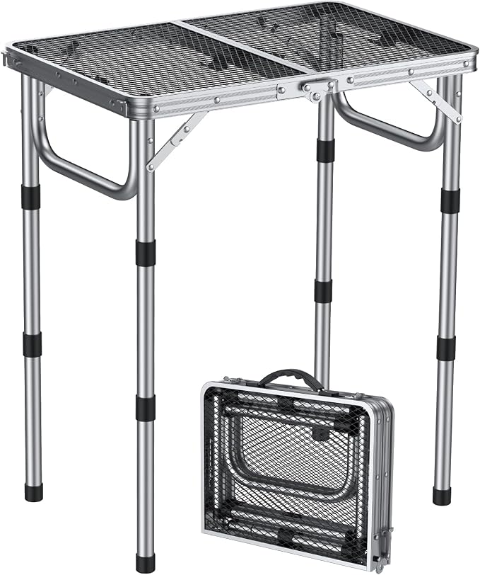 Anbte 2ft Folding Grill Table, Adjustable Height Max 27.5" Aluminum Camping Table, Heat-Resistant Tabletop, Lightweight, Portable Handle for Travel Cooking BBQ Picnic, 22.8" x 16", Silver by Anbte