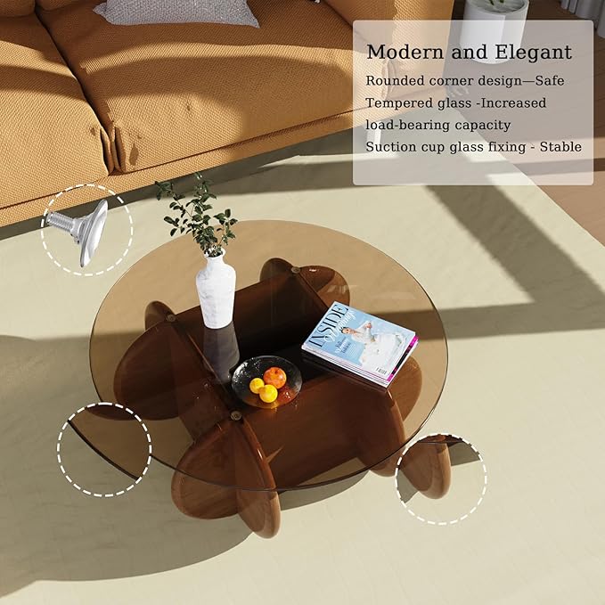Brown Round Coffee Table Glass Top 31.5" Modern Elegant Round Coffee Tables with Solid Wood Legs and Tempered Glass Tabletop for Living Room Home Small Space Reception Office Tables