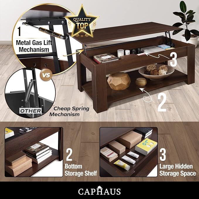 CAPHAUS 47'' Espresso Lift Top Coffee Table with Storage, Table Design for Living Room