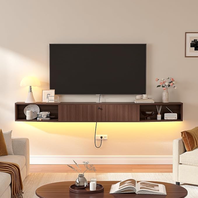 47 inch Floating TV Stand,Plywood Wall Mounted Entertainment Center with 1 Door & 2 Open Cabinets,Floating Media Console with Wire Holes,Hanging TV Shelf for Living Room, Bedroom Walnut - Image 6