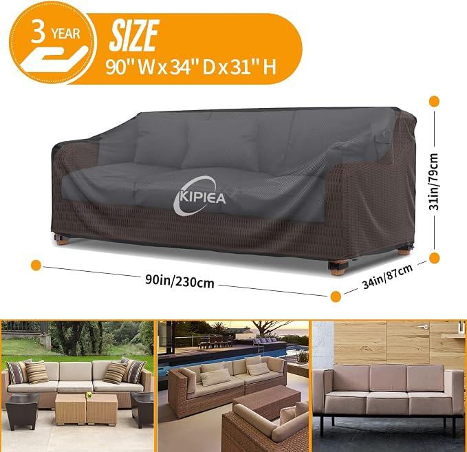 Kipiea Patio Sofa Cover, Heavy Duty Outdoor Couch Covers Waterproof Winter, 2-Seat Patio Furniture Cover Loveseat, Outdoor Sofa Covers with Anti UV and No Tears, No Fading (90" W x 34" D x 31" H) - Image 2