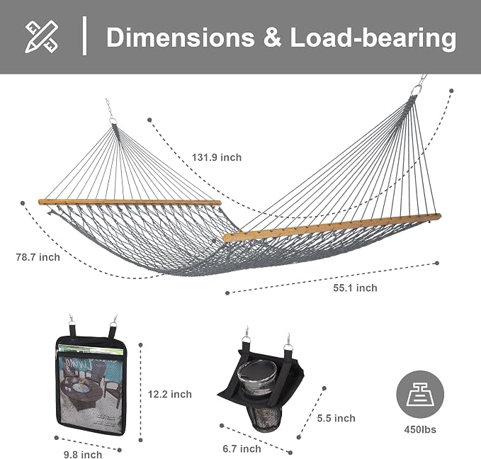 SUNCREAT Double Outdoor Hammock, Polyester Rope Hammock with Strong Spreader bar, Gray - Image 5