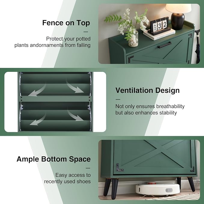 Barnyatoh Shoe Storage Cabinet,Farmhouse Shoe Organizer with 2 Flip Drawers & Barn Door Design,Freestanding Hidden Slim Narrow Shoe Rack Cabinet for Entryway,Foyer,Hallway,Green - Image 4