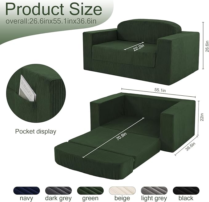 MeMoreCool Green Corduroy Fold-Out Loveseat Sofa Bed – Boneless Convertible Floor Couch with Foam, Compact Sleeper Futon with Washable Cover, No Assembly Required for Small Spaces & Bedroom