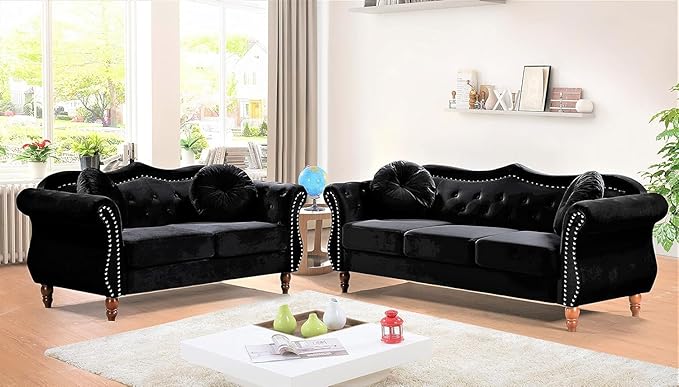 Anna1 Chesterfield Velvet Couches for Living Room, Button Tufted Luxury Upholstery with Rolled Arms, High-Density Foam, Durable Wood Frame, 65.5" Loveseat, Black