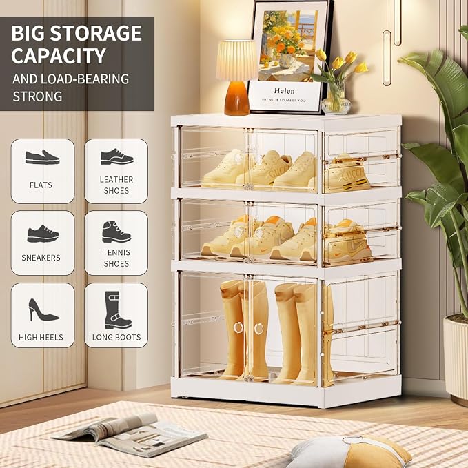 CIMLORD 3-Tier Foldable Shoe Rack for Closet Entryway 3-6Pairs,Stackable Clear Shoe Storage Boxes Organizer with Door Plastic Shoe Cabinet Bins with Lids Shoes Shelf Easy Assembly Large White - Image 3