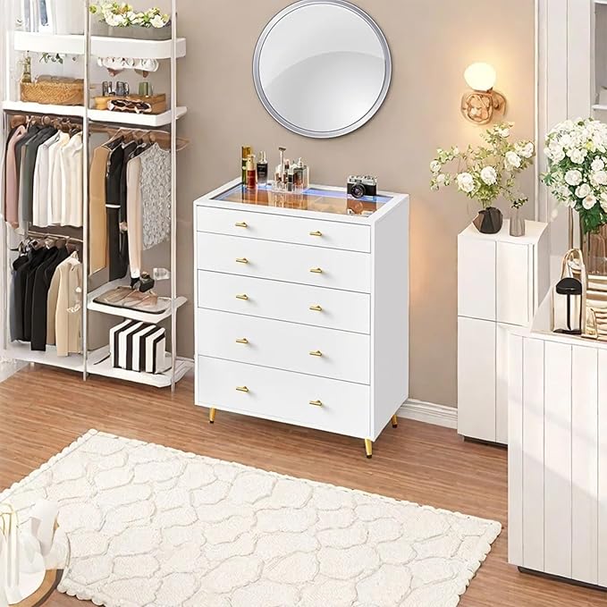 Wardrobe Closet Island with Drawers, Glass Tabletop & LED Lights, Jewelry Dresser Display, Wooden Closet Storage Cabinet for Bedroom Cloakroom Shops, 30.7" W x 15.7" D x 38" H, White