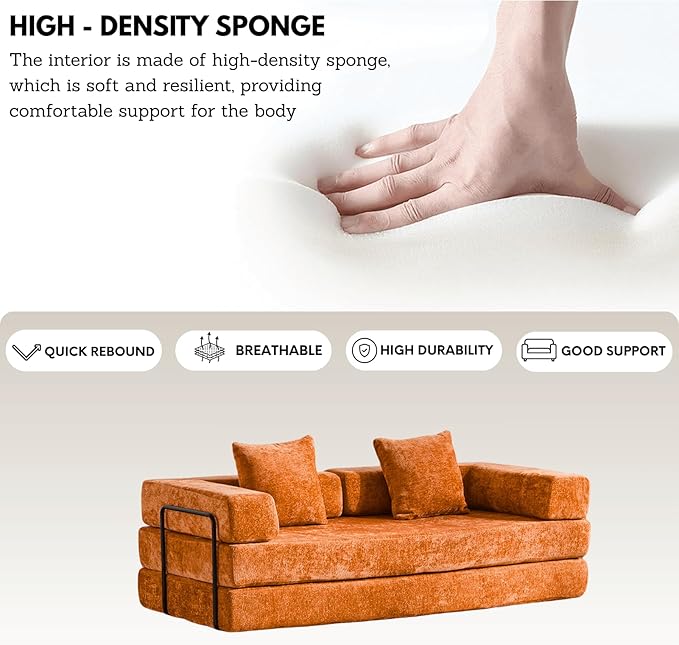 4-in-1 Folding Convertible Sofa Bed, 77" Floor Couch with Pillow - Chenille Fabric & High-Density Sponge & Fixed-Shape Frame, Modular Sofa for Living Room/Lounge/Studio, Orange