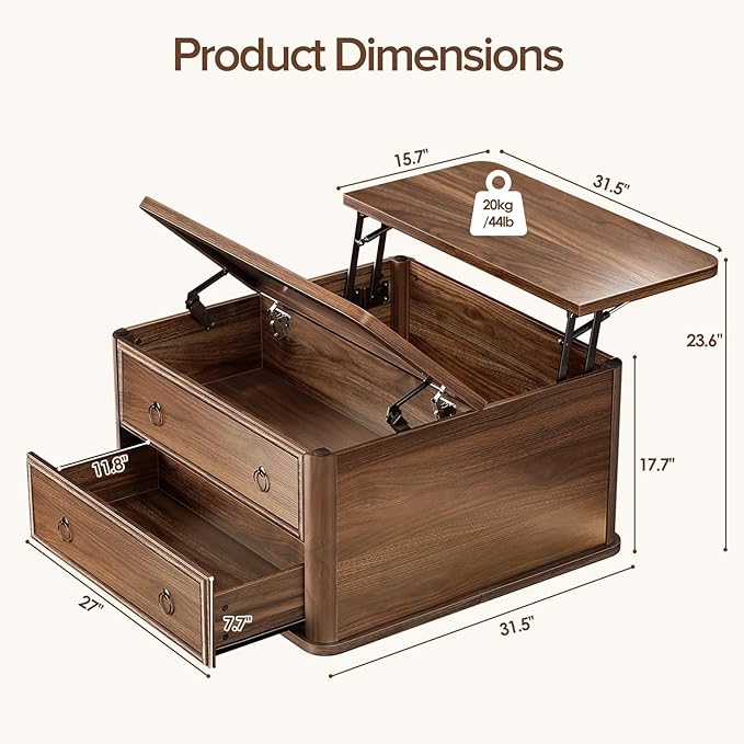 31.5" Lift Top Coffee Table with Storage,Square Coffee Tables with Lifting top for Living Room,Farmhouse Coffee Table with Large Drawers and 2 Hidden Compartment,Walnut