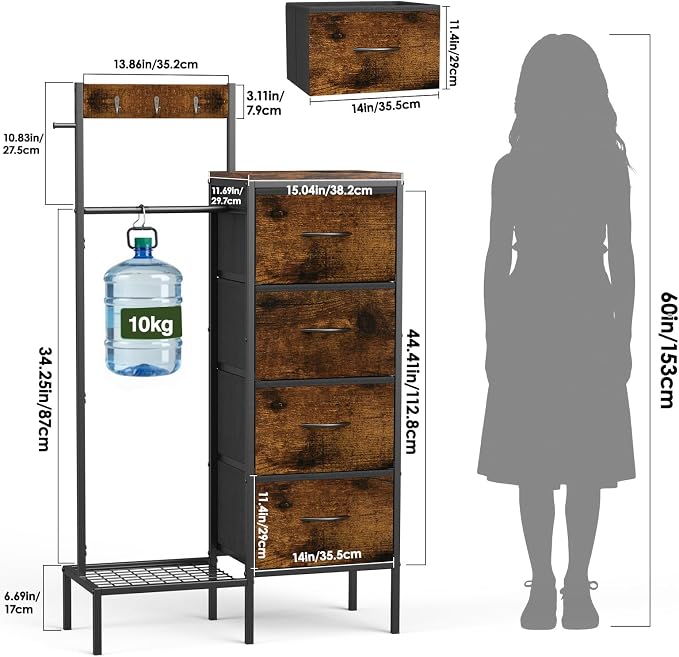Lewondr Dresser with Hanging Rack and Storage Drawers, 4 Drawer Chest with Hooks and Hat Rack, Rustic Entryway Organizer for Clothes, Bags, Shoes and Accessories, Brown Wood Finish - Image 2