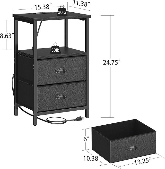 sthmec Nightstand with Charging Station, Night Stand with 2 Fabric Drawers PU Finish, Bedside Table End Table with LED Light, 3-Tier Storage Side Table Nightstand with Drawers for Bedroom,Black - Image 3