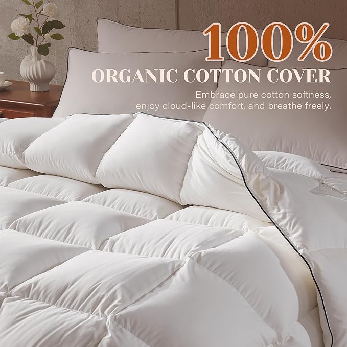 Goose Feather Down Fiber Comforter California King Size, Fluffy Cotton Quilted White Duvet Insert, Ultra-Soft, Breathable, Luxury Bedding Comforter All Season with Corner Tabs, 104x 96Inch