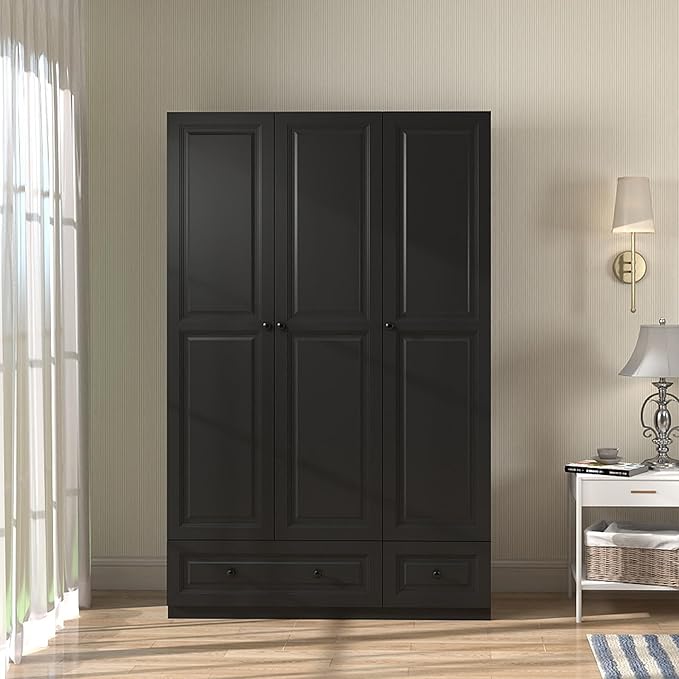 Armoire Wardrobe Closet with Drawers: 74" Black Wardrobe Close with 3 Doors, Tall Armoire with Hanging Rod, Large Wood Clothes Cabinet for Bedroom (Black, 47")