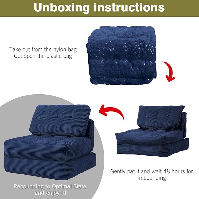 Art3d Folding Sofa Bed, Convertible Sleeper Sofa Bed with Pilow & Back Support, 3 in 1 Long Futon Boneless Couch, Comfy Floor Couch for Living Room, Bedroom, Navy Blue