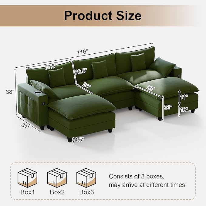 116" Modular Sectional Sofa, U Shaped Cloud Couch with Movable Ottoman, Chenille Deep Seat Cloud Sofa with Charging Station, Cup Holder, Side Pocket, Sectional Couches for Living Room, Green