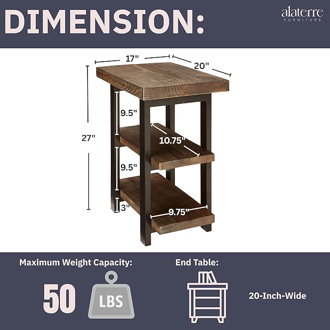 Alaterre Furniture Pomona Living Room Tables – 3-Tier Solid Wood End Table with Metal Legs & Storage Shelves – Modern Rustic Industrial Space-Saving Side Table or Nightstand (Rustic Brown)