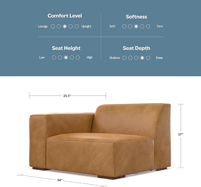 SIMPLIHOME Rex Left-Arm Sofa Module in Full-Grain Genuine Leather, Sienna, 44-inches Wide, Handcrafted Modern-Style Left-Arm Accent Chair for Living Room and Family Room